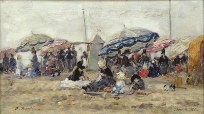 Parasols op het strand van Trouville, 1886 door Eugene Louis Boudin